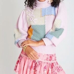 LoveShackFancy Patchwork Turtleneck Sweater Womens Size Large Bohemian Knit Wool